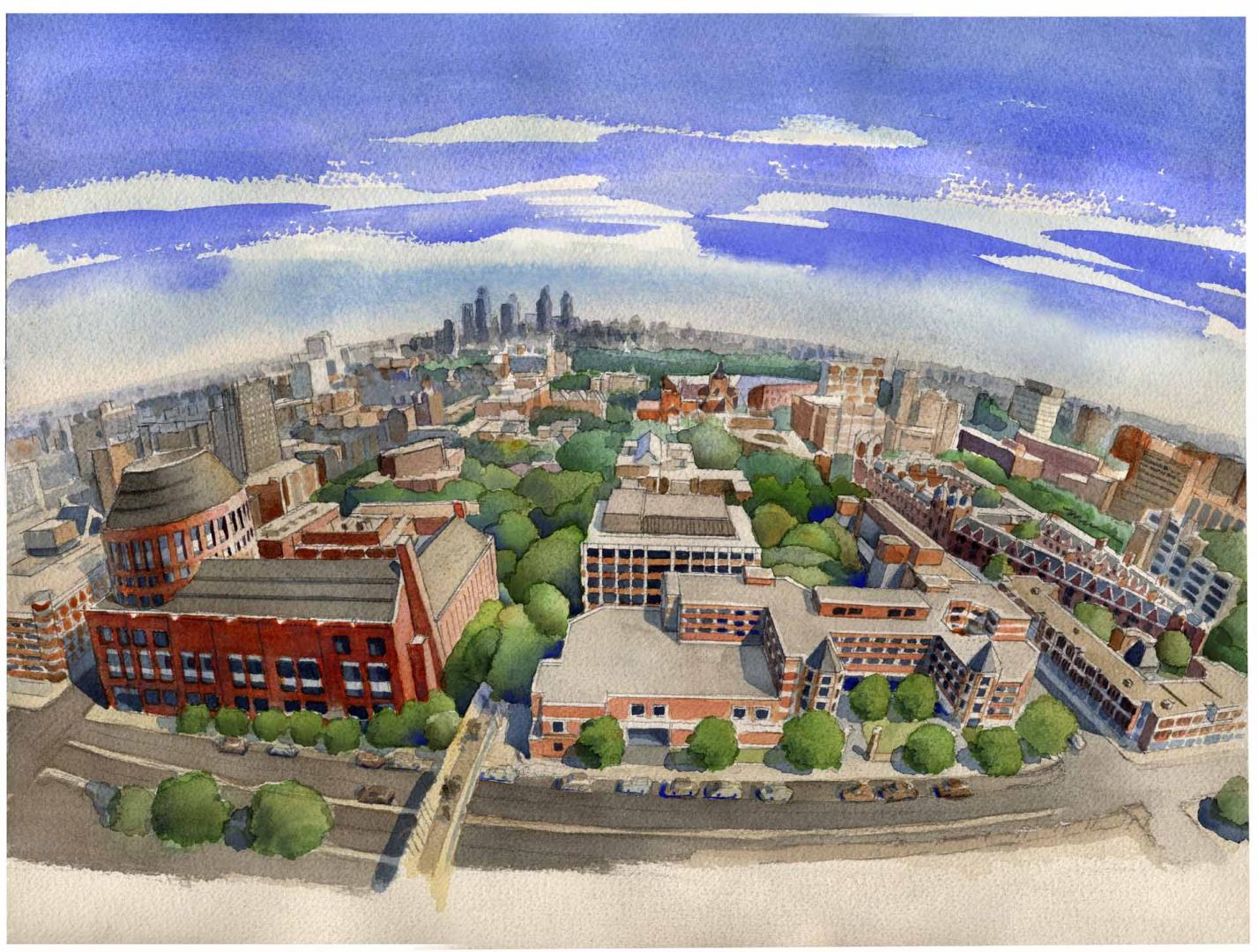 Illustration of Penn's campus looking East toward Center City