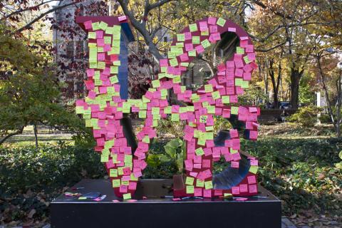 LOVE Sculpture covered in post-it notes