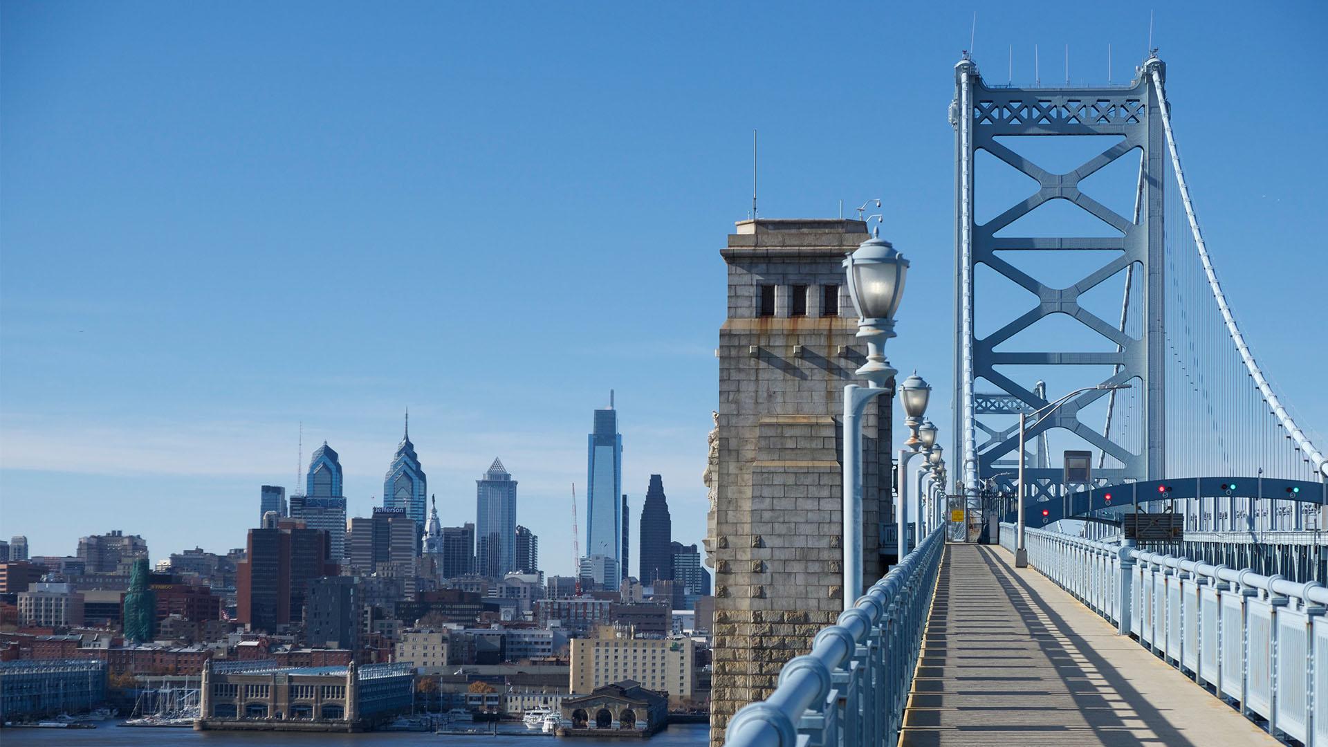 View of Philadelphia skyline from the Benjamin Franklin Bridge
